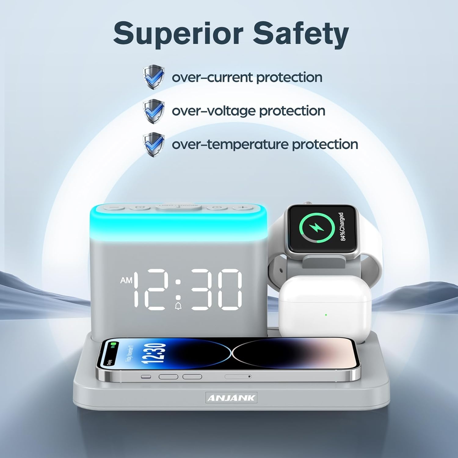 5-in-1 Laadstation met Alarmklok en Nachtlamp voor Apple Watch & iPhone