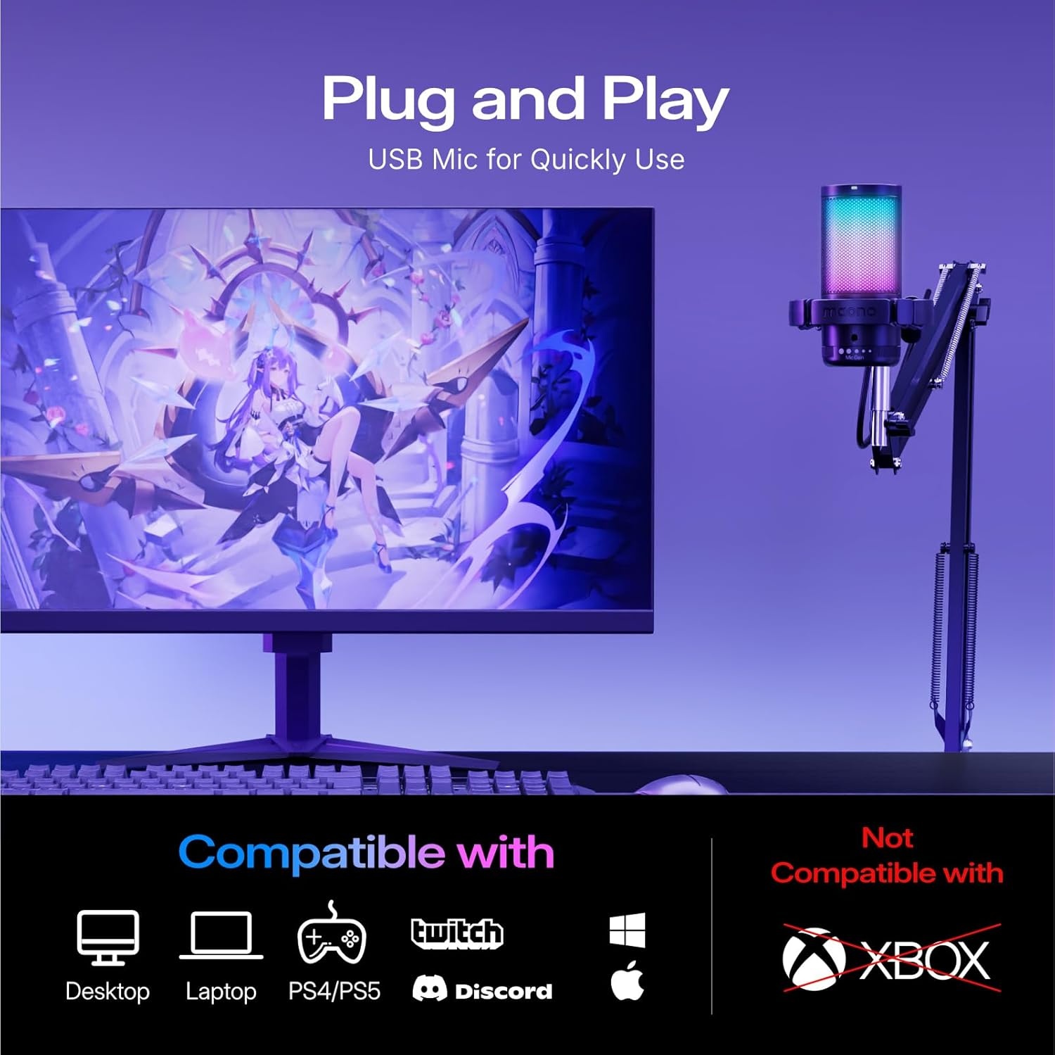 MAONO DGM20S Zwarte USB Condensator Gaming Microfoon met Mute, Gain en RGB Verlichting