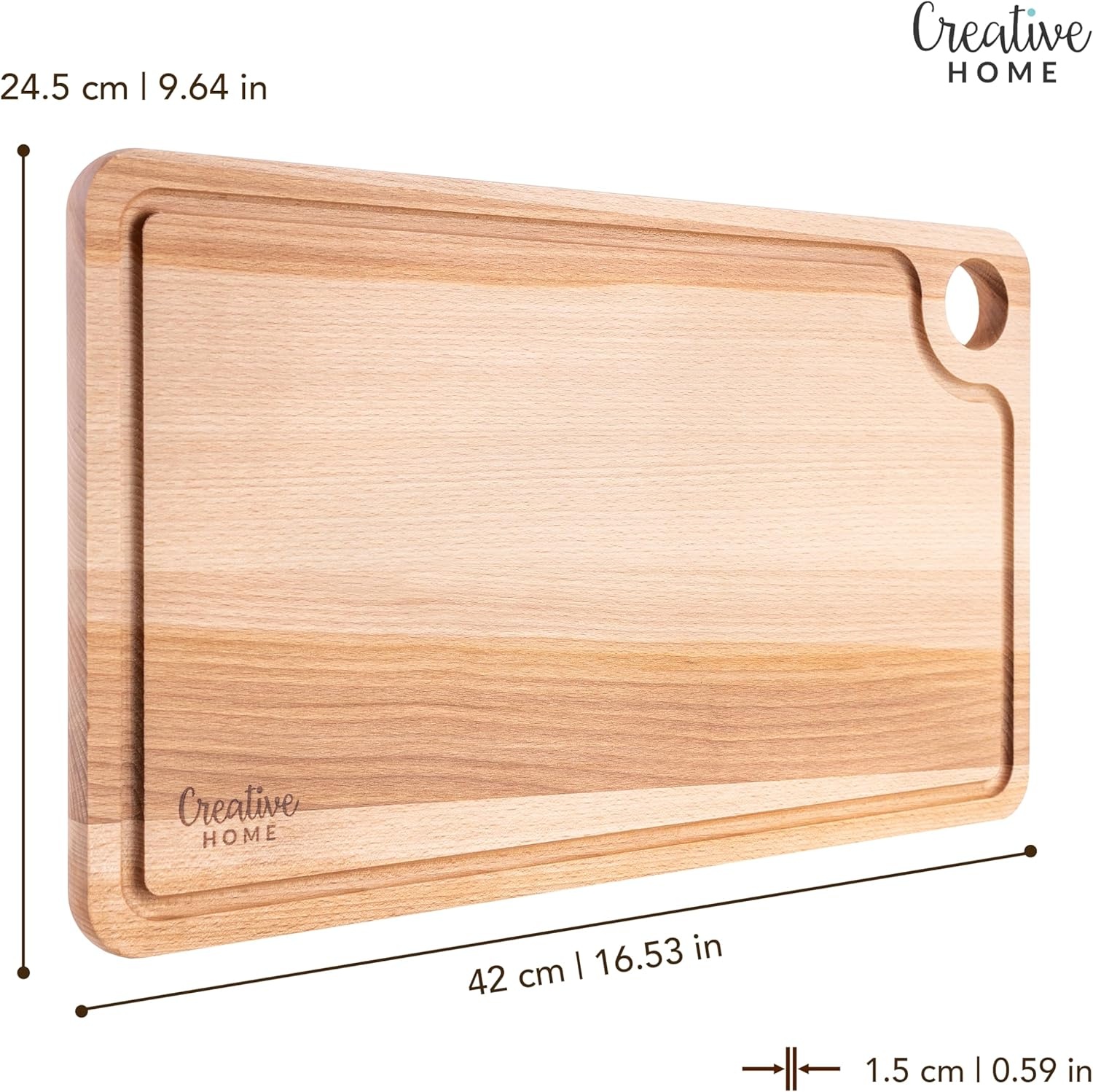 Creative Home Grote Houten Snijplank voor Vlees | 42 x 24,5 x 1,5 cm (+/- 1 cm) | Snijplank met Sapgroef en Handvat | Natuurlijk Beukenhout | Omkeerbaar | Ideaal voor Elk Huis en Keuken