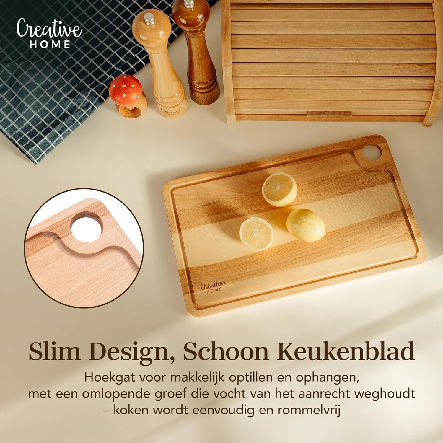 Creative Home Grote Houten Snijplank voor Vlees | 42 x 24,5 x 1,5 cm (+/- 1 cm) | Snijplank met Sapgroef en Handvat | Natuurlijk Beukenhout | Omkeerbaar | Ideaal voor Elk Huis en Keuken