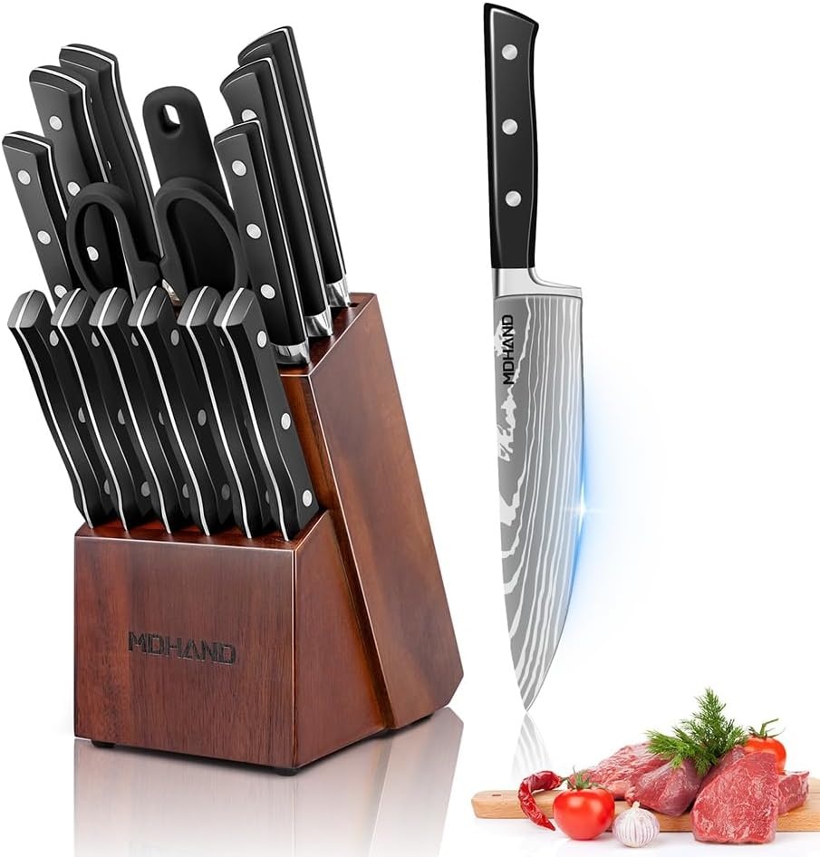 14-delige Messenset Zwart/Zilver met Messenblok - Professionele Keukenmessen & Steakmessen