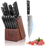14-delige Messenset Zwart/Zilver met Messenblok - Professionele Keukenmessen & Steakmessen