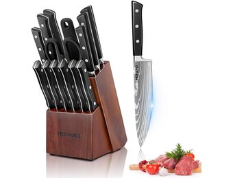 14-delige Messenset Zwart/Zilver met Messenblok - Professionele Keukenmessen & Steakmessen