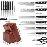 14-delige Messenset Zwart/Zilver met Messenblok - Professionele Keukenmessen & Steakmessen