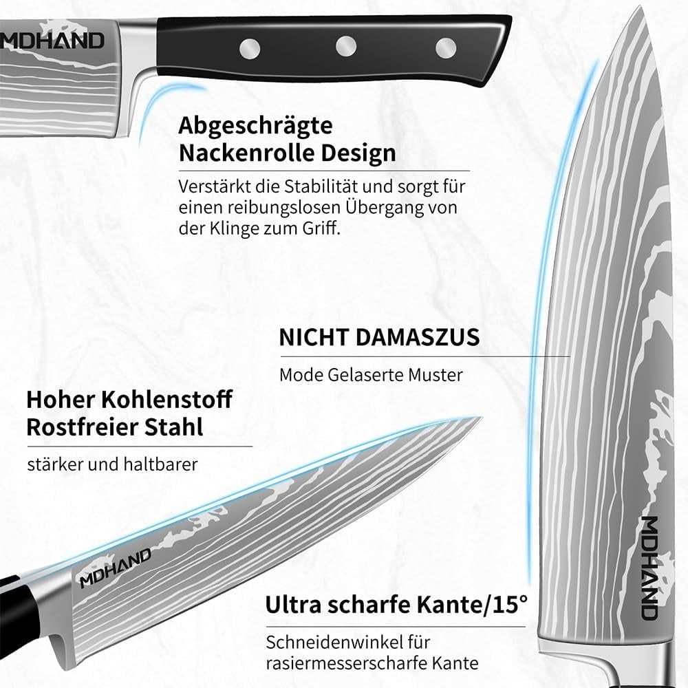 14-delige Messenset Zwart/Zilver met Messenblok - Professionele Keukenmessen & Steakmessen