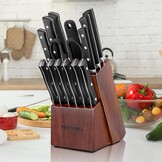 14-delige Messenset Zwart/Zilver met Messenblok - Professionele Keukenmessen & Steakmessen
