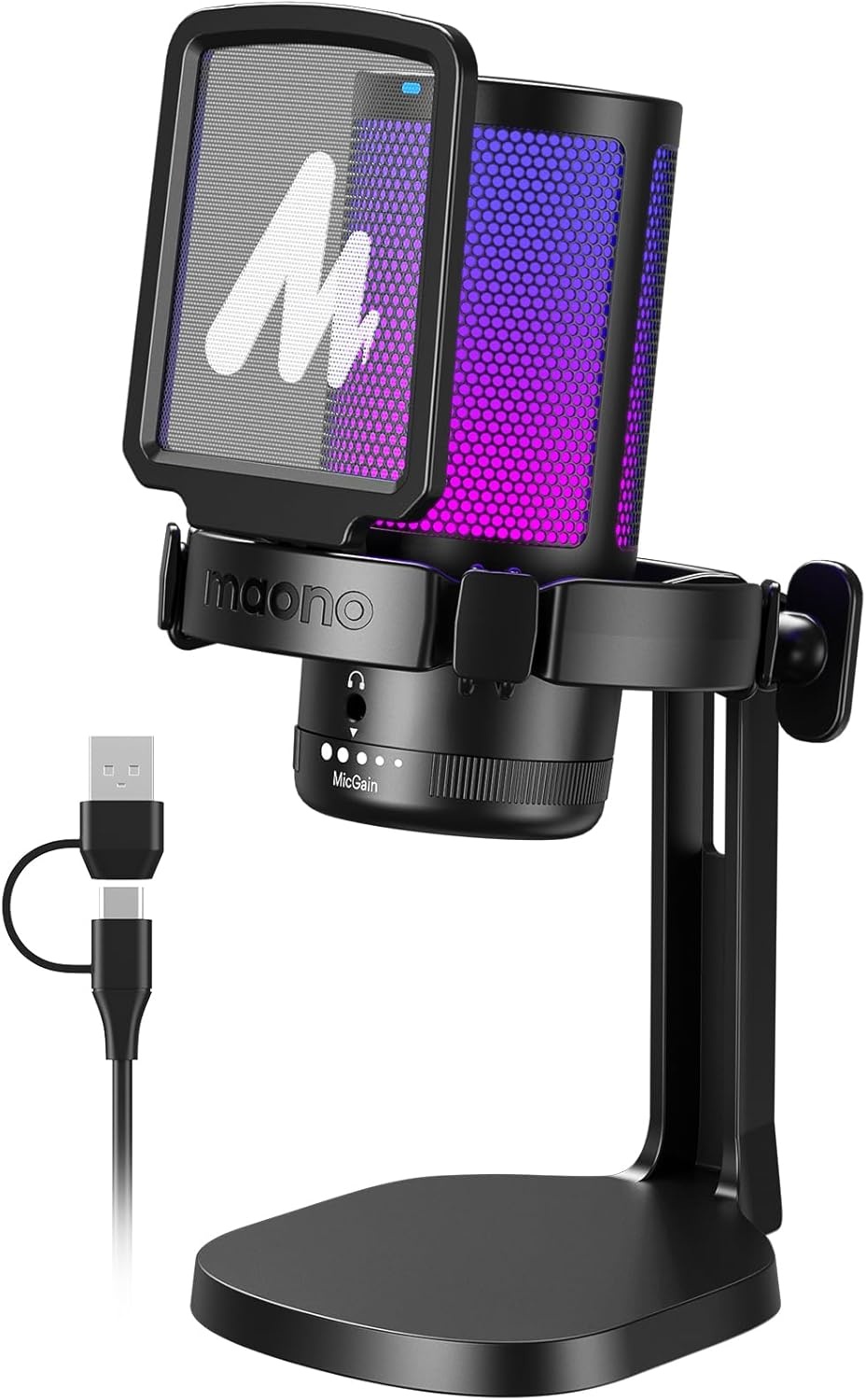 MAONO Gaming RGB, condensatormicrofoon met ruisonderdrukking voor streaming podcast studio, USB-microfoon voor PS5/PS4/Mac met bestuurbare RGB-verlichting, demper, versterkingscontrole, DGM20