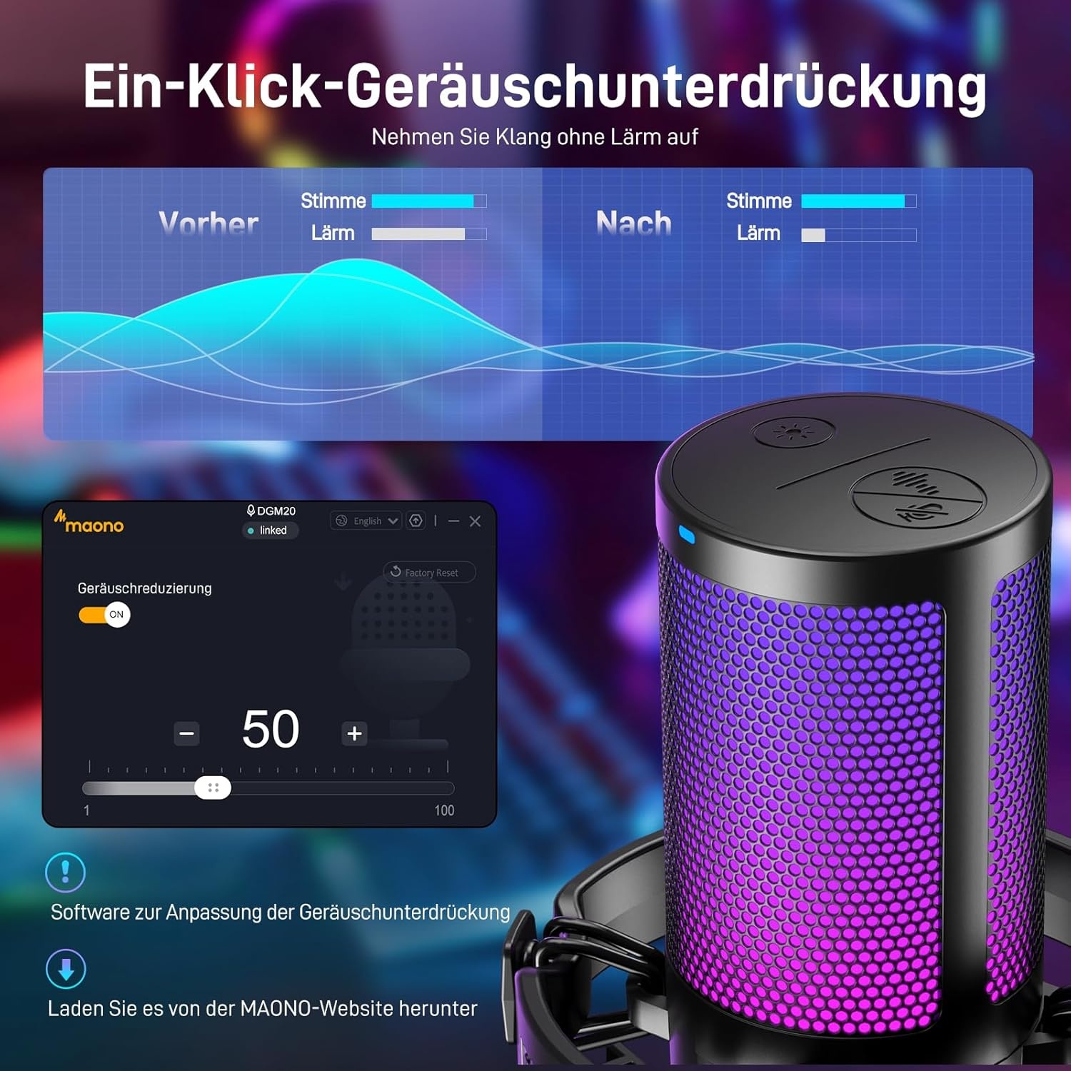 MAONO Gaming RGB, condensatormicrofoon met ruisonderdrukking voor streaming podcast studio, USB-microfoon voor PS5/PS4/Mac met bestuurbare RGB-verlichting, demper, versterkingscontrole, DGM20