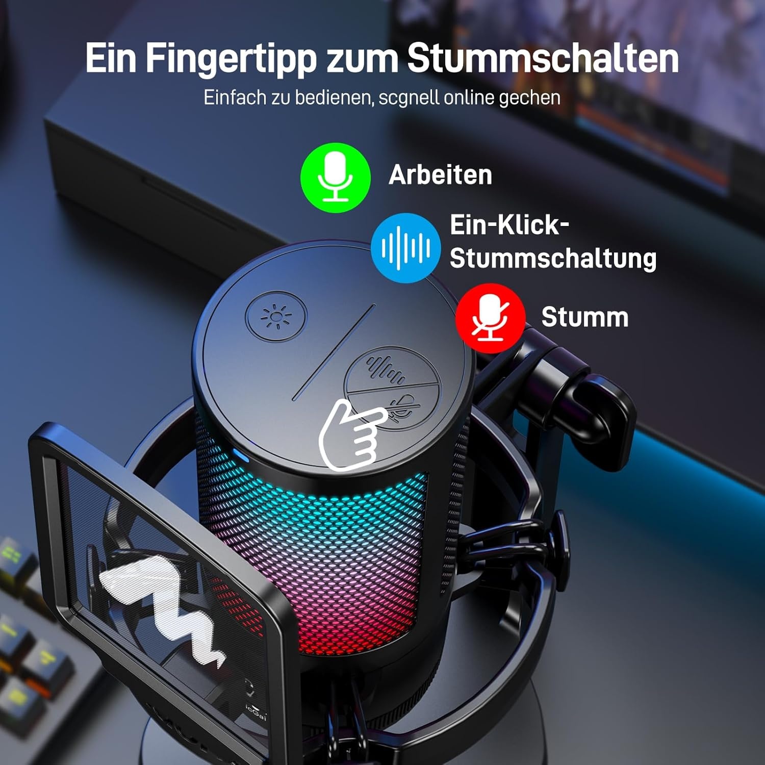 MAONO Gaming RGB, condensatormicrofoon met ruisonderdrukking voor streaming podcast studio, USB-microfoon voor PS5/PS4/Mac met bestuurbare RGB-verlichting, demper, versterkingscontrole, DGM20