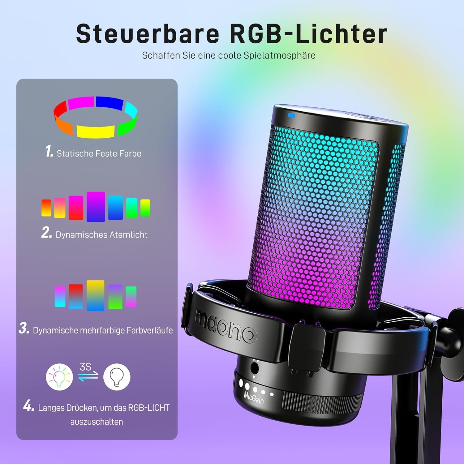 MAONO Gaming RGB, condensatormicrofoon met ruisonderdrukking voor streaming podcast studio, USB-microfoon voor PS5/PS4/Mac met bestuurbare RGB-verlichting, demper, versterkingscontrole, DGM20