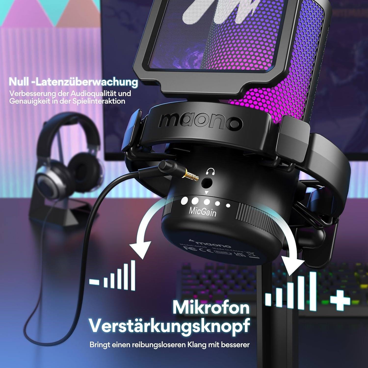 MAONO Gaming RGB, condensatormicrofoon met ruisonderdrukking voor streaming podcast studio, USB-microfoon voor PS5/PS4/Mac met bestuurbare RGB-verlichting, demper, versterkingscontrole, DGM20