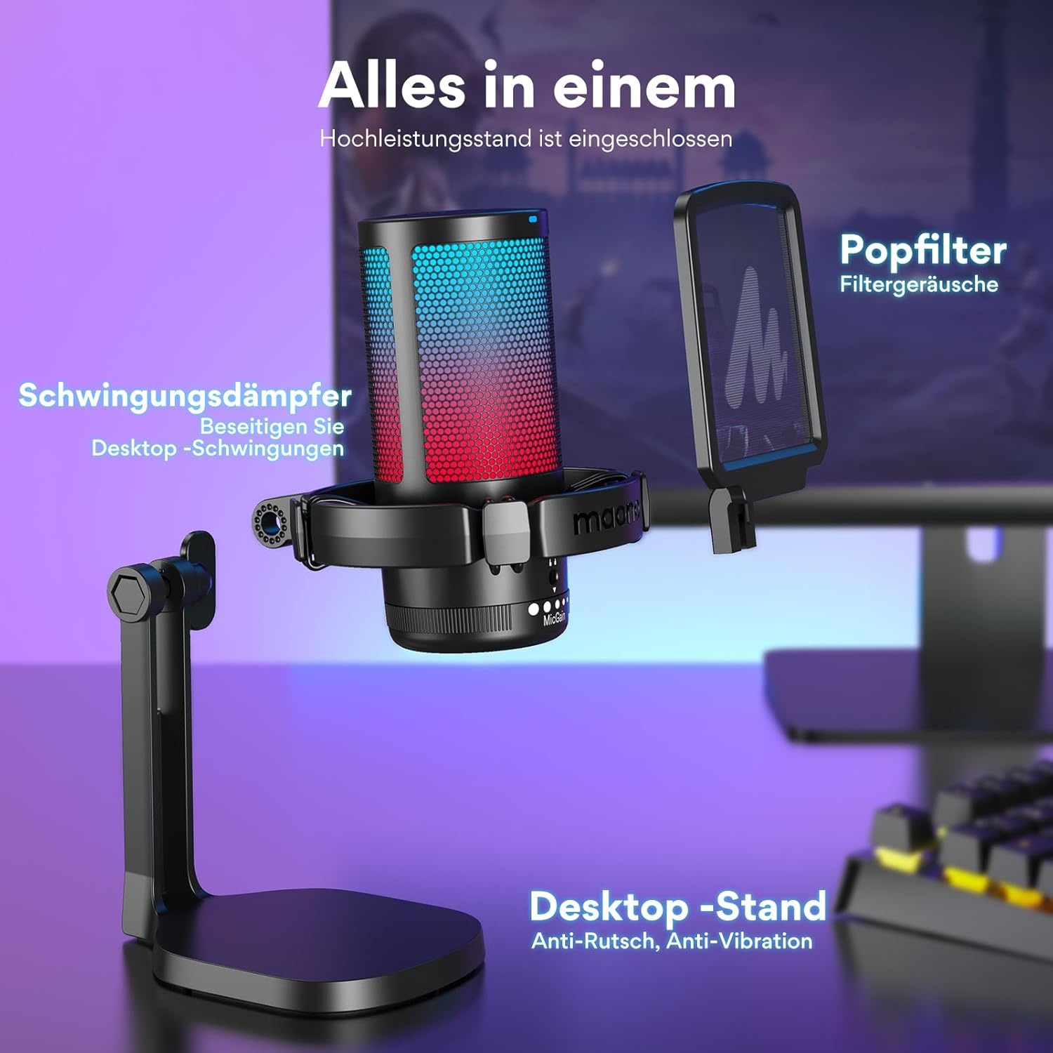 MAONO Gaming RGB, condensatormicrofoon met ruisonderdrukking voor streaming podcast studio, USB-microfoon voor PS5/PS4/Mac met bestuurbare RGB-verlichting, demper, versterkingscontrole, DGM20
