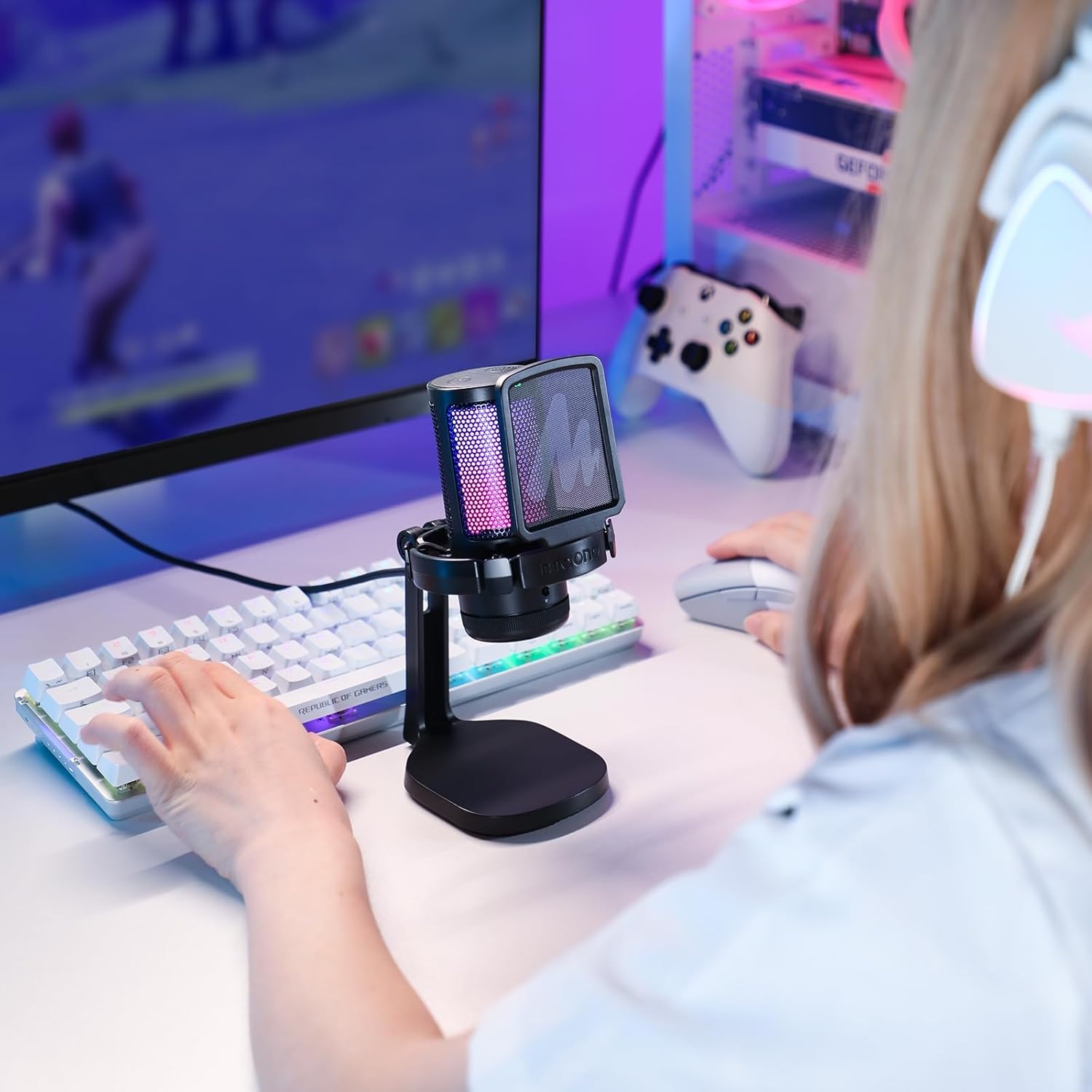 MAONO Gaming RGB, condensatormicrofoon met ruisonderdrukking voor streaming podcast studio, USB-microfoon voor PS5/PS4/Mac met bestuurbare RGB-verlichting, demper, versterkingscontrole, DGM20