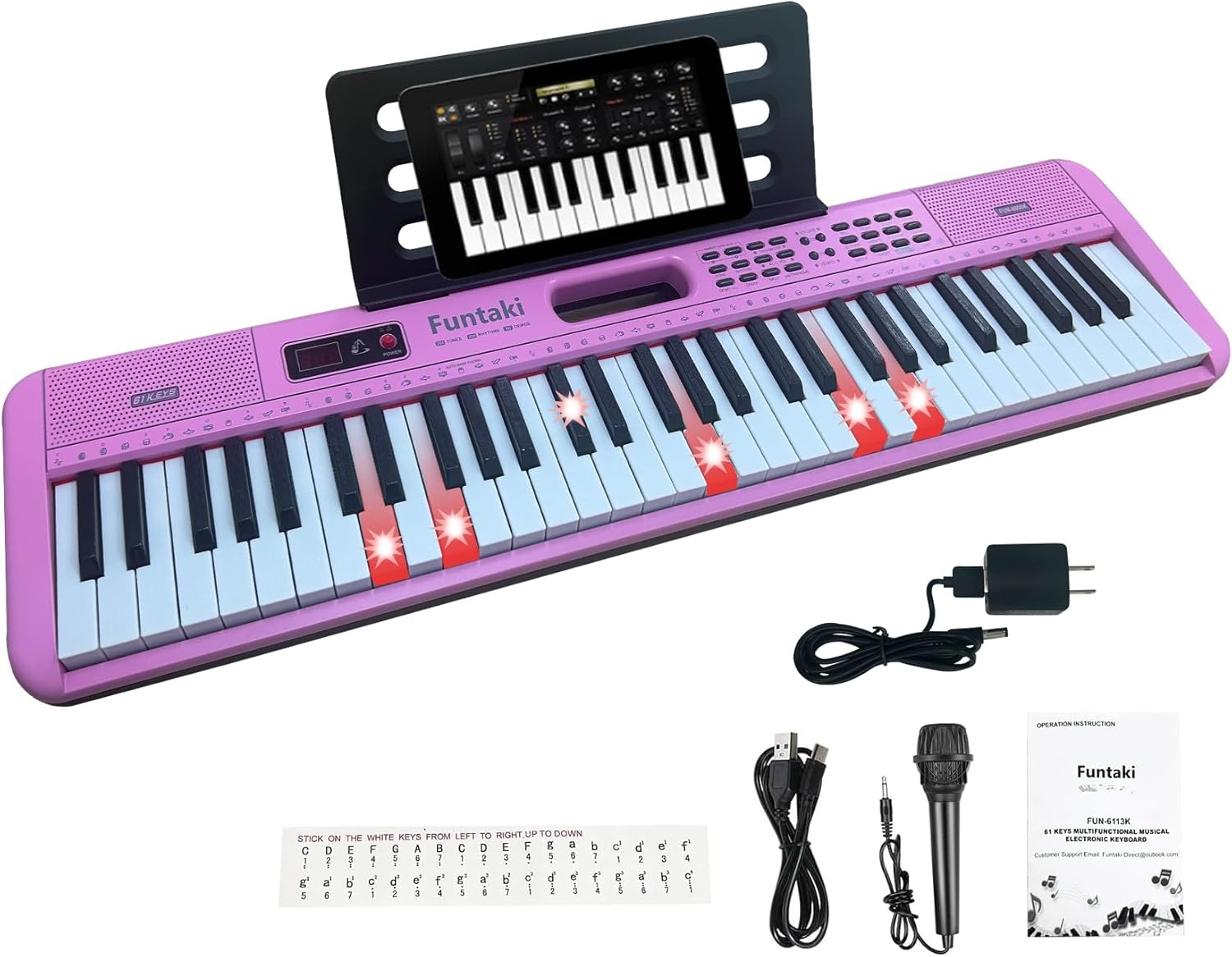 61 Toetsen Elektronisch Toetsenbord Piano voor Volwassenen met Oplichtende Toetsen 61 Compacte Toetsen Digitale Piano's - Perfecte Beginner Piano Paars' - Maat Volledig
