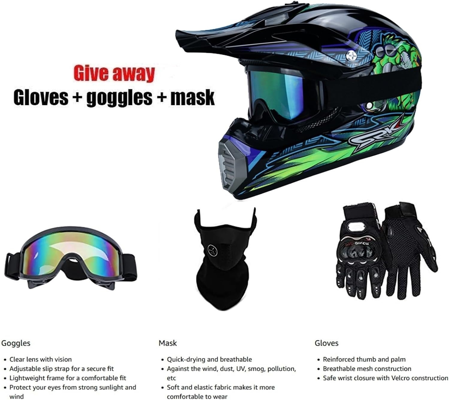 Motocross Fullface MTB-helm voor kinderen, met handschoenen, masker bril, downhill motorhelm kinderen, helmset heren ATV motorhelm, MX Enduro, MTB-helm, motorhelm, downhill helm
