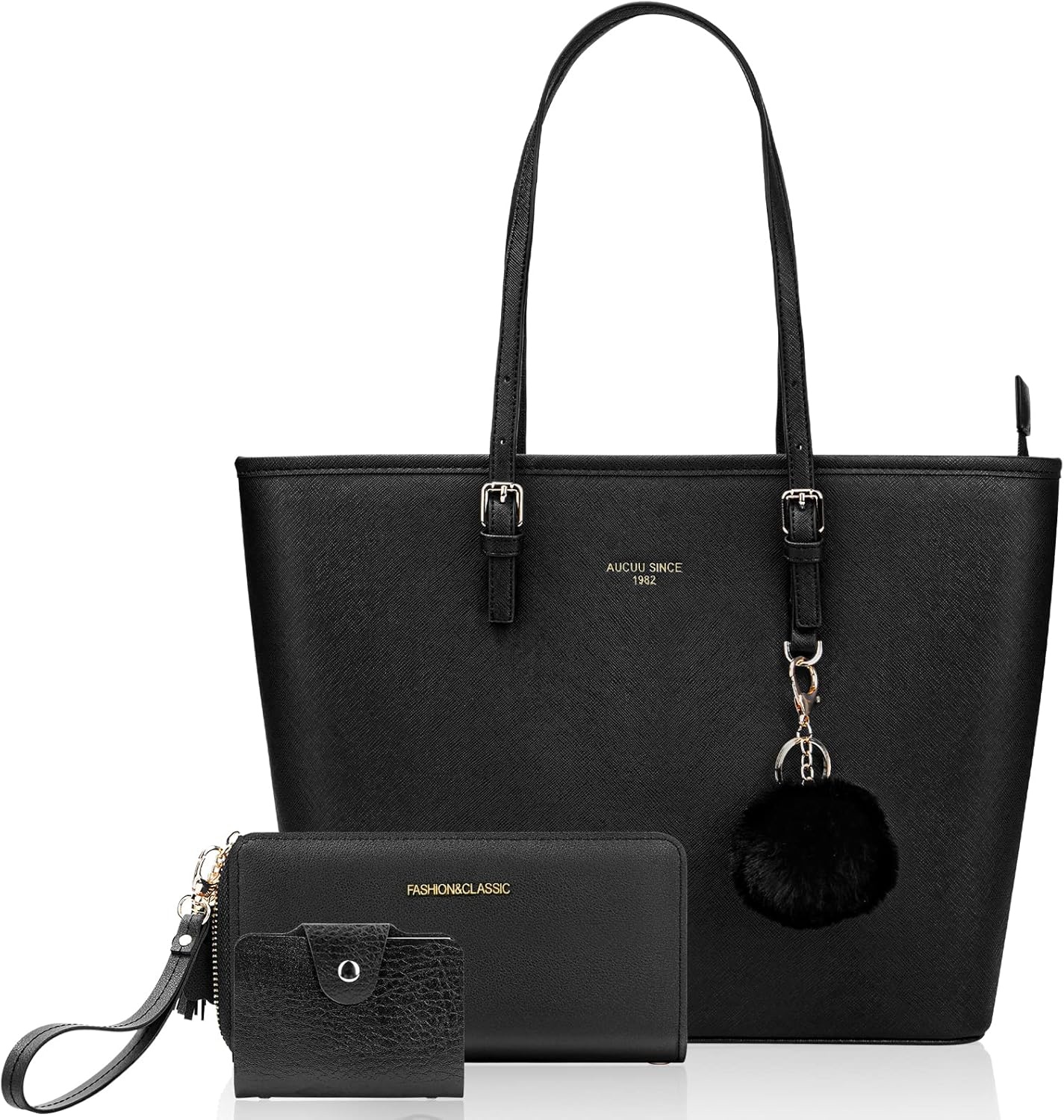 URAQT Zwarte PU Lederen Handtas voor Dames - Ruim & Lichtgewicht Laptoptas (met Portemonnee)