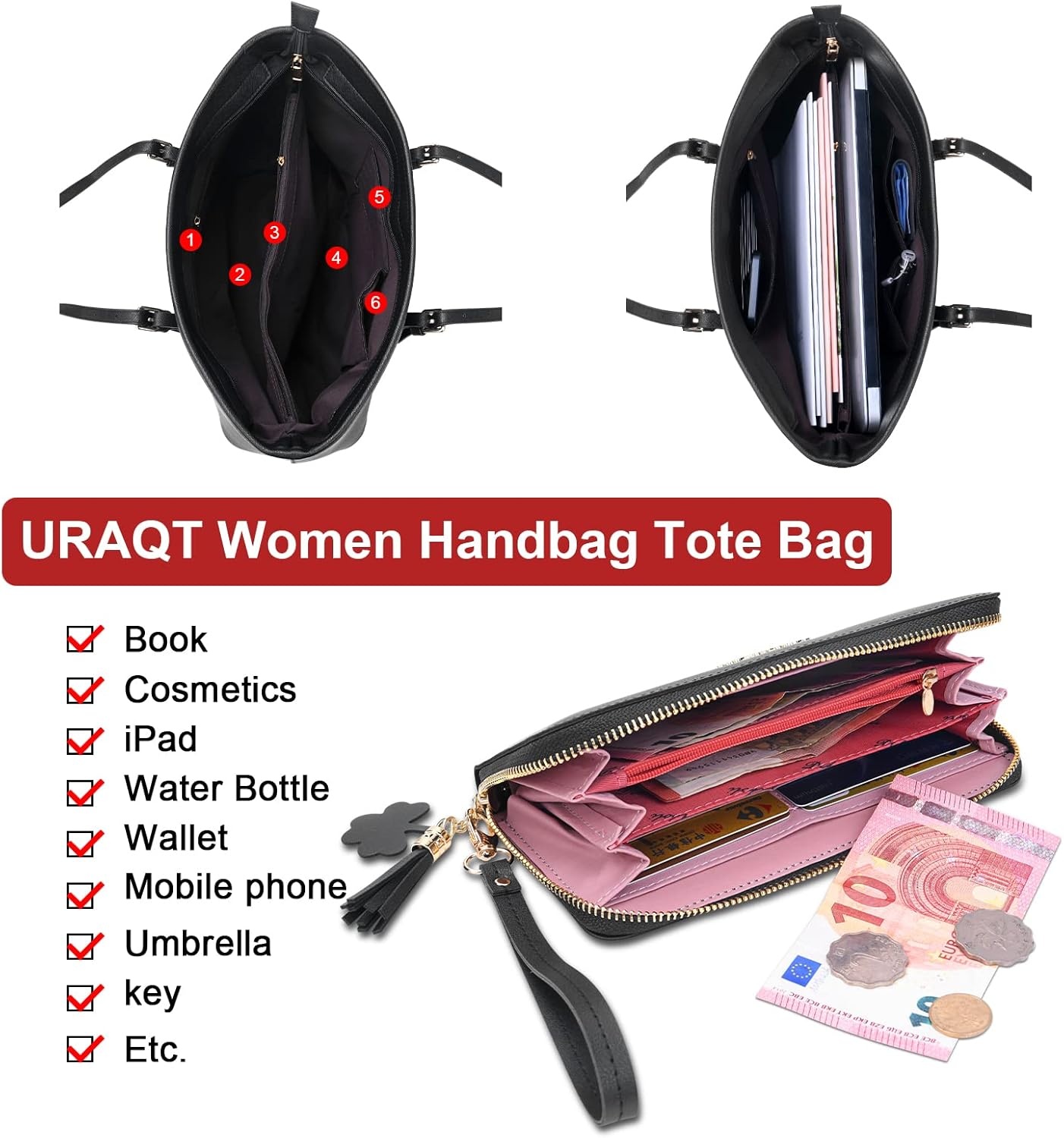URAQT Zwarte PU Lederen Handtas voor Dames - Ruim & Lichtgewicht Laptoptas (met Portemonnee)
