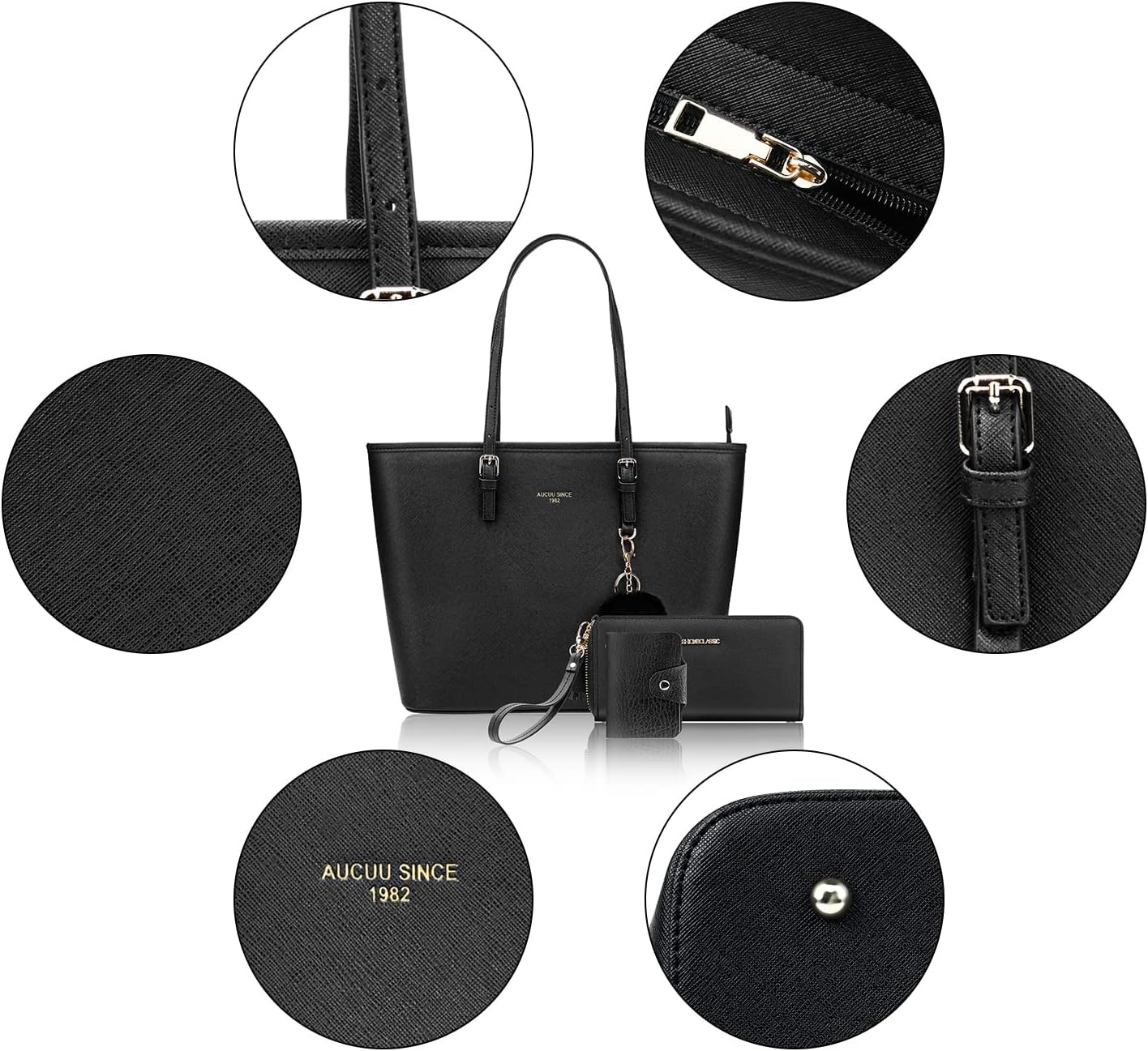 URAQT Zwarte PU Lederen Handtas voor Dames - Ruim & Lichtgewicht Laptoptas (met Portemonnee)