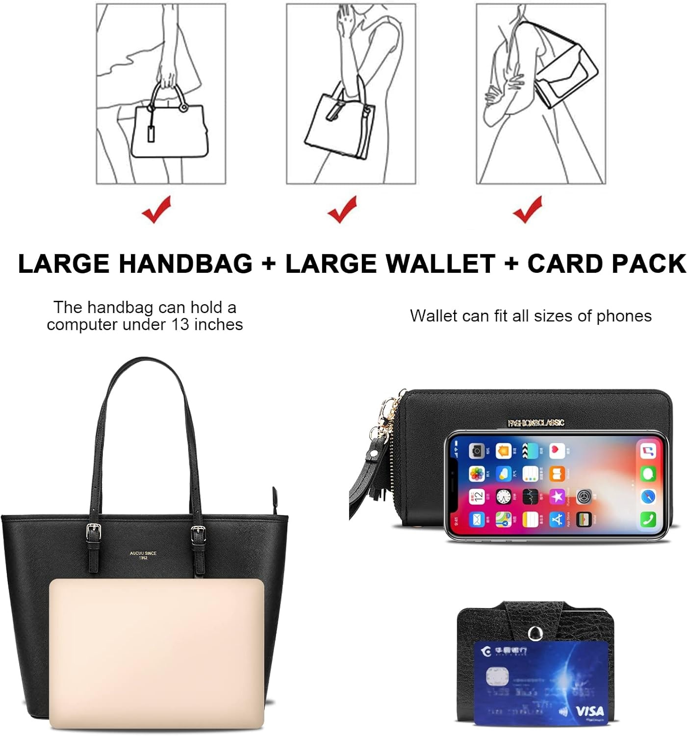 URAQT Zwarte PU Lederen Handtas voor Dames - Ruim & Lichtgewicht Laptoptas (met Portemonnee)