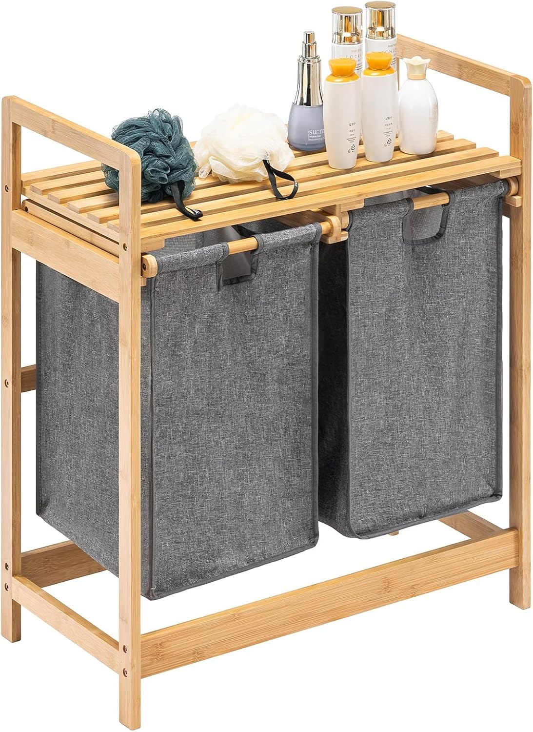 29% Korting: Geretourneerde Wasmand met Bamboeframe & Plank - Grijs