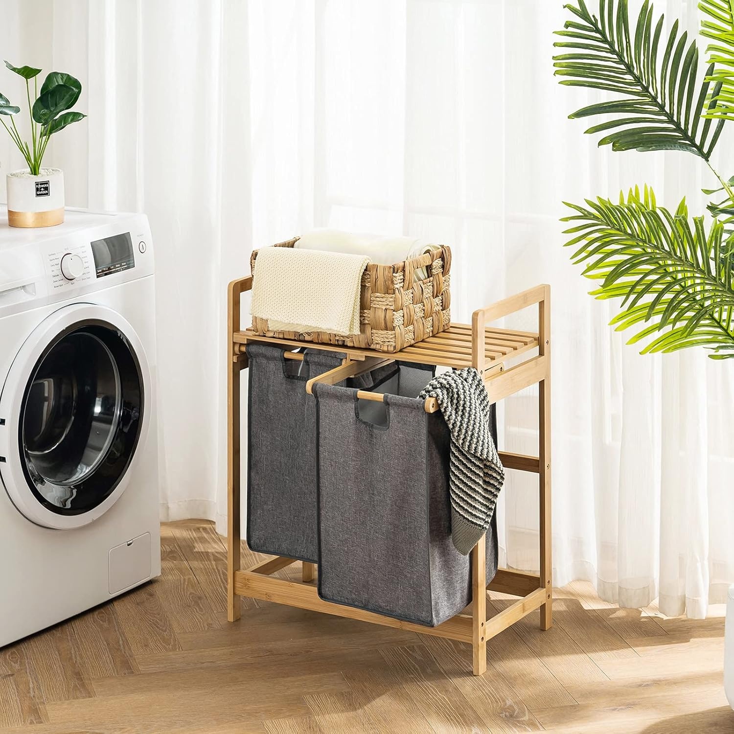 29% Korting: Geretourneerde Wasmand met Bamboeframe & Plank - Grijs