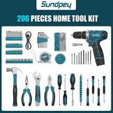 Sundpey Accuschroefboormachine, 12 V, complete gereedschapskoffer, 206 delen met klopboor, gereedschapsset met complete boorset voor de decoratie van het huis