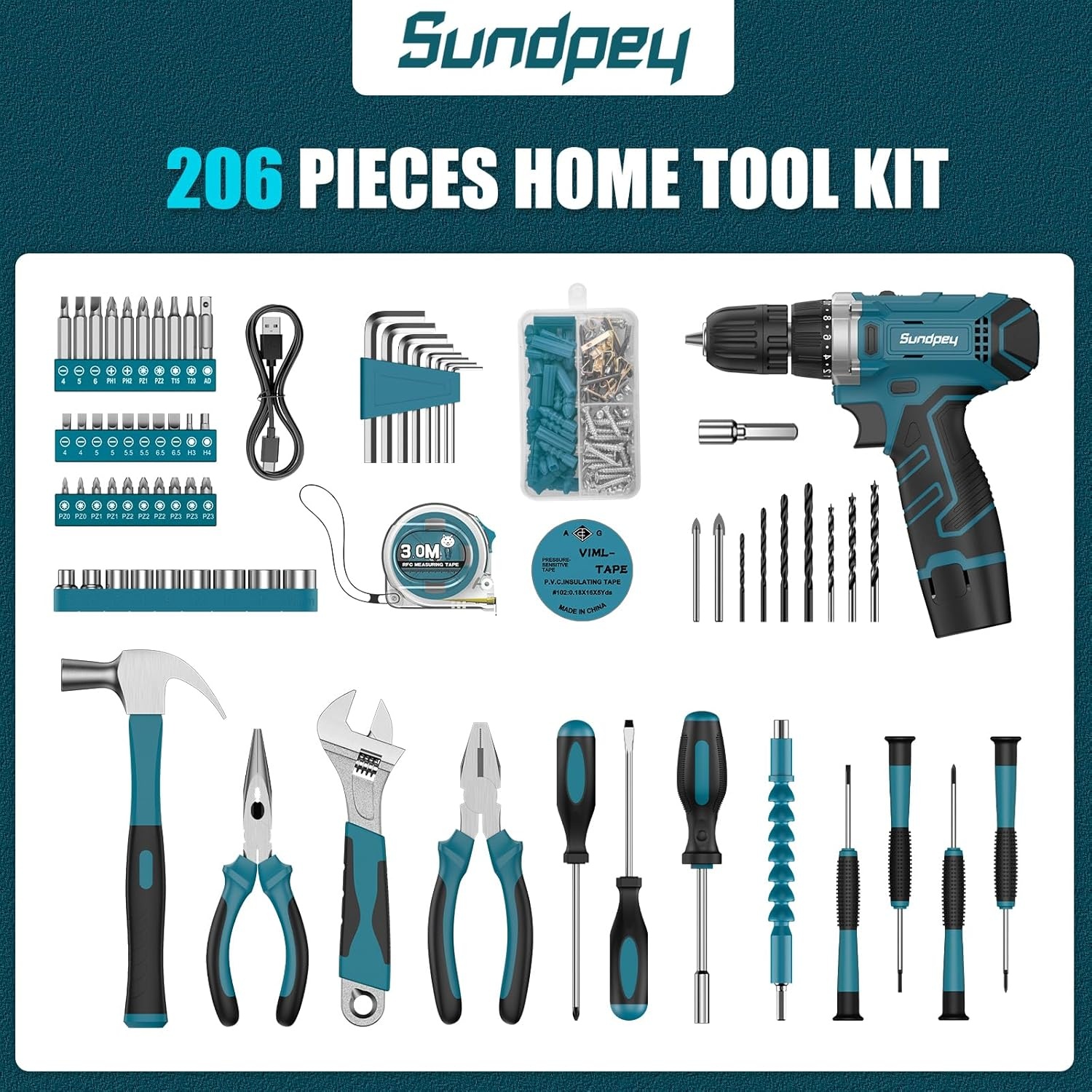 Sundpey Accuschroefboormachine, 12 V, complete gereedschapskoffer, 206 delen met klopboor, gereedschapsset met complete boorset voor de decoratie van het huis