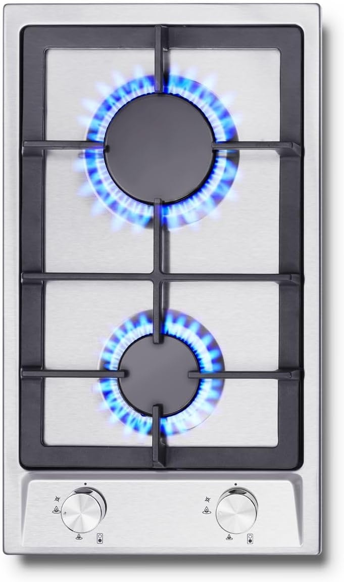 SNDOAS Gaskookplaat, roestvrij staal gasfornuis met automatische vlambescherming, gaskookplaat 2 vlammen, aardgas en propaangas, inbouw of vrijstaand, 2400 W/1800 W, 220-240 V