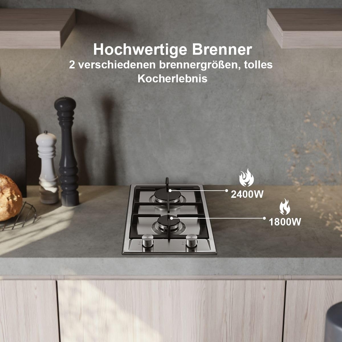 SNDOAS Gaskookplaat, roestvrij staal gasfornuis met automatische vlambescherming, gaskookplaat 2 vlammen, aardgas en propaangas, inbouw of vrijstaand, 2400 W/1800 W, 220-240 V
