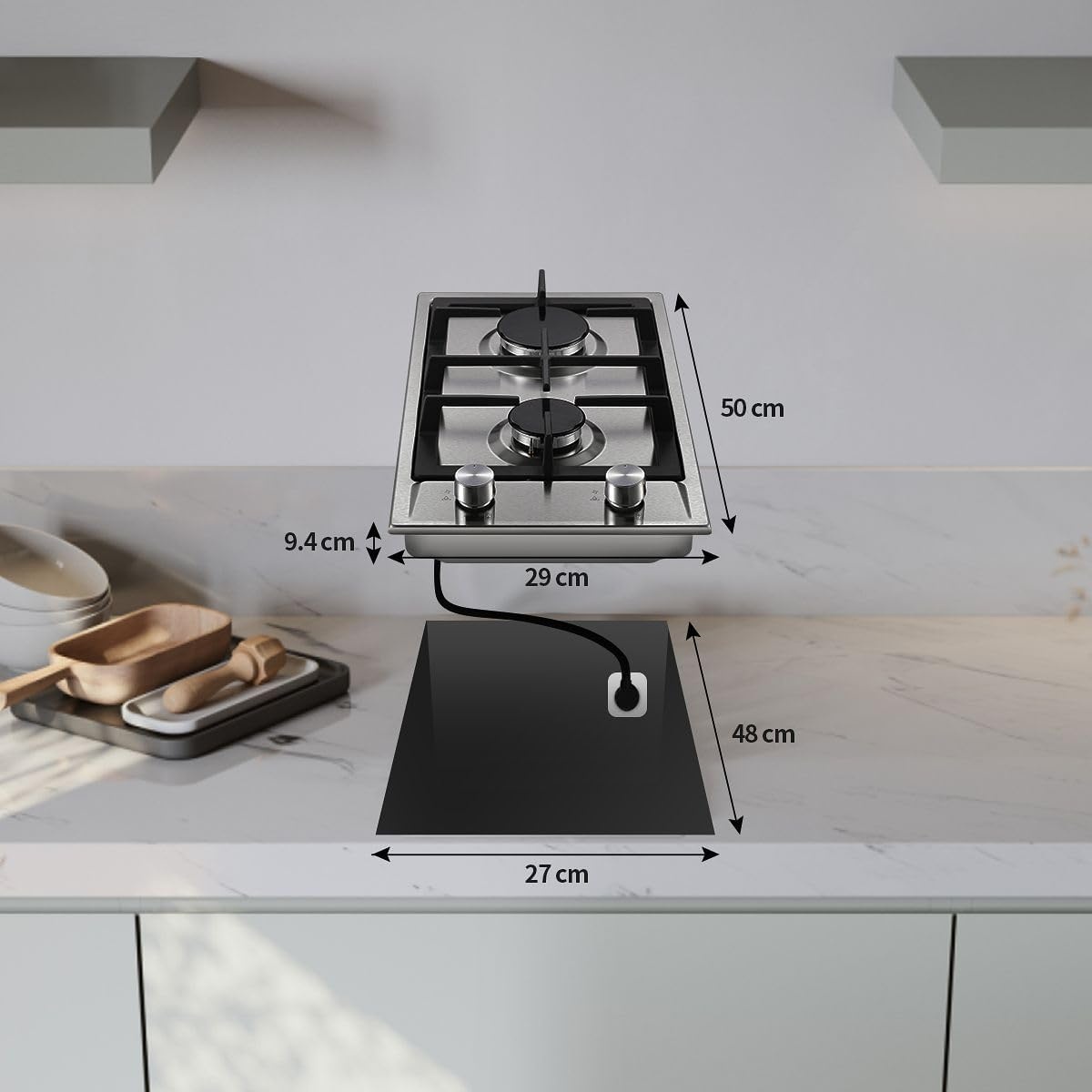 SNDOAS Gaskookplaat, roestvrij staal gasfornuis met automatische vlambescherming, gaskookplaat 2 vlammen, aardgas en propaangas, inbouw of vrijstaand, 2400 W/1800 W, 220-240 V