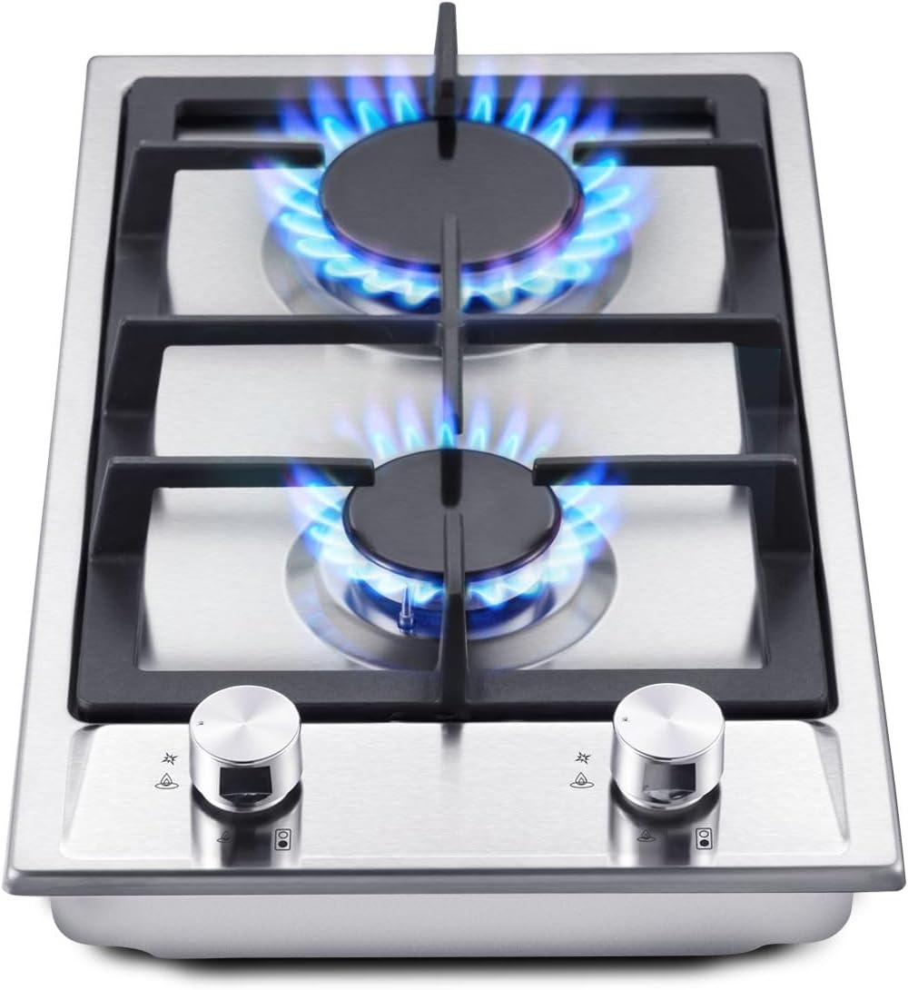 SNDOAS Gaskookplaat, roestvrij staal gasfornuis met automatische vlambescherming, gaskookplaat 2 vlammen, aardgas en propaangas, inbouw of vrijstaand, 2400 W/1800 W, 220-240 V