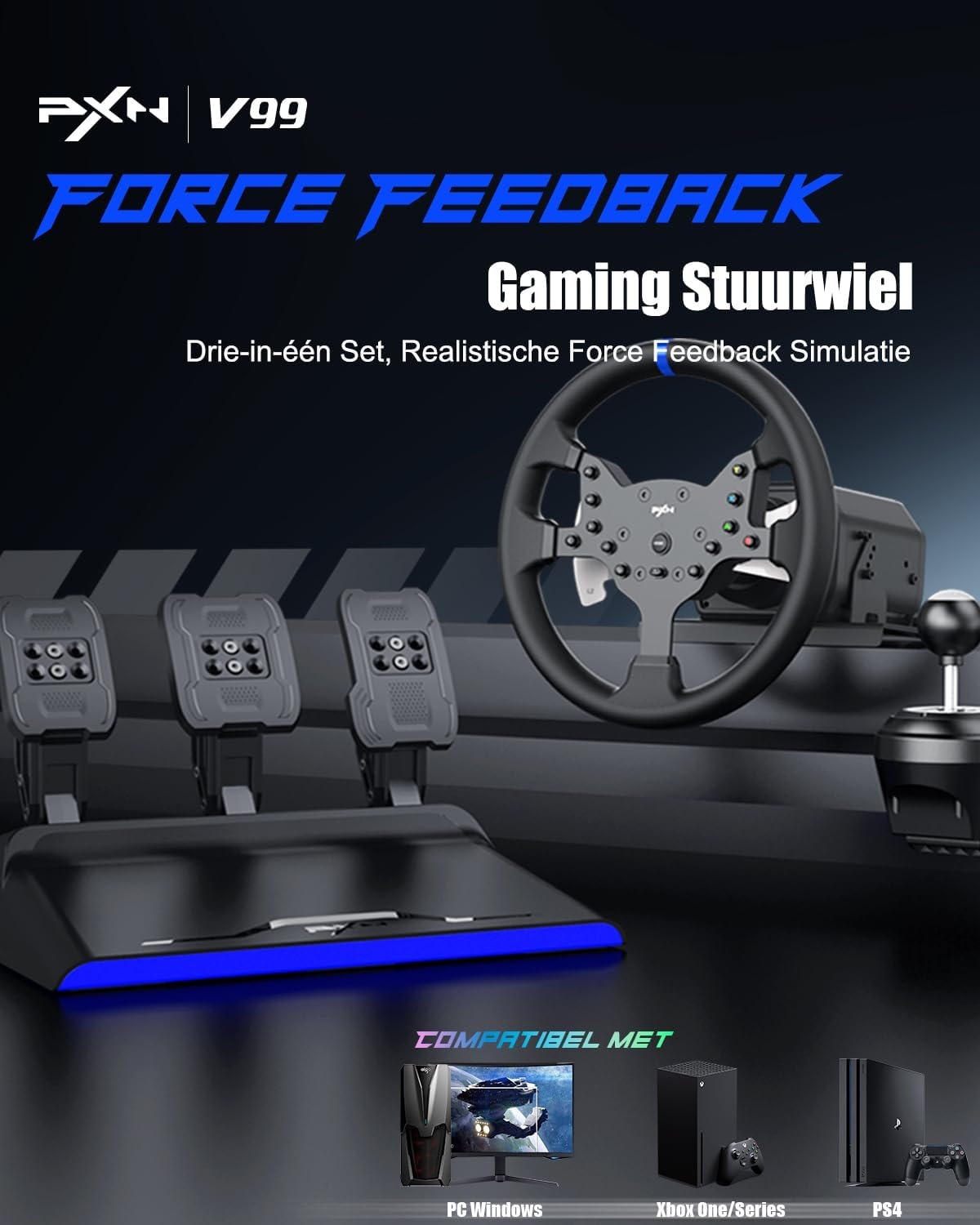 PXN V99 Gaming Stuur, Driving Force Feedback Stuurwiel met Pedalen en Shifter - 3,2NM, 270°&900°, 300MM, 4 Peddle Shifters, Tools APP - Racesturen, Stuurwiel voor PC, Xbox en PS4