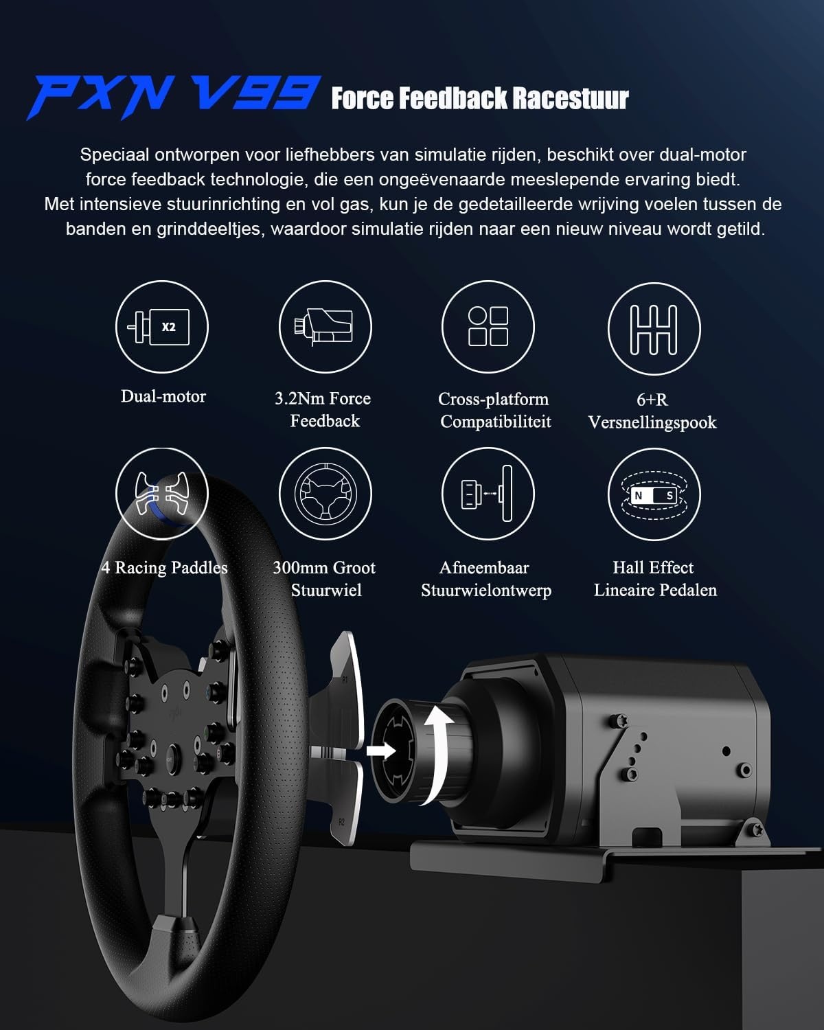PXN V99 Gaming Stuur, Driving Force Feedback Stuurwiel met Pedalen en Shifter - 3,2NM, 270°&900°, 300MM, 4 Peddle Shifters, Tools APP - Racesturen, Stuurwiel voor PC, Xbox en PS4