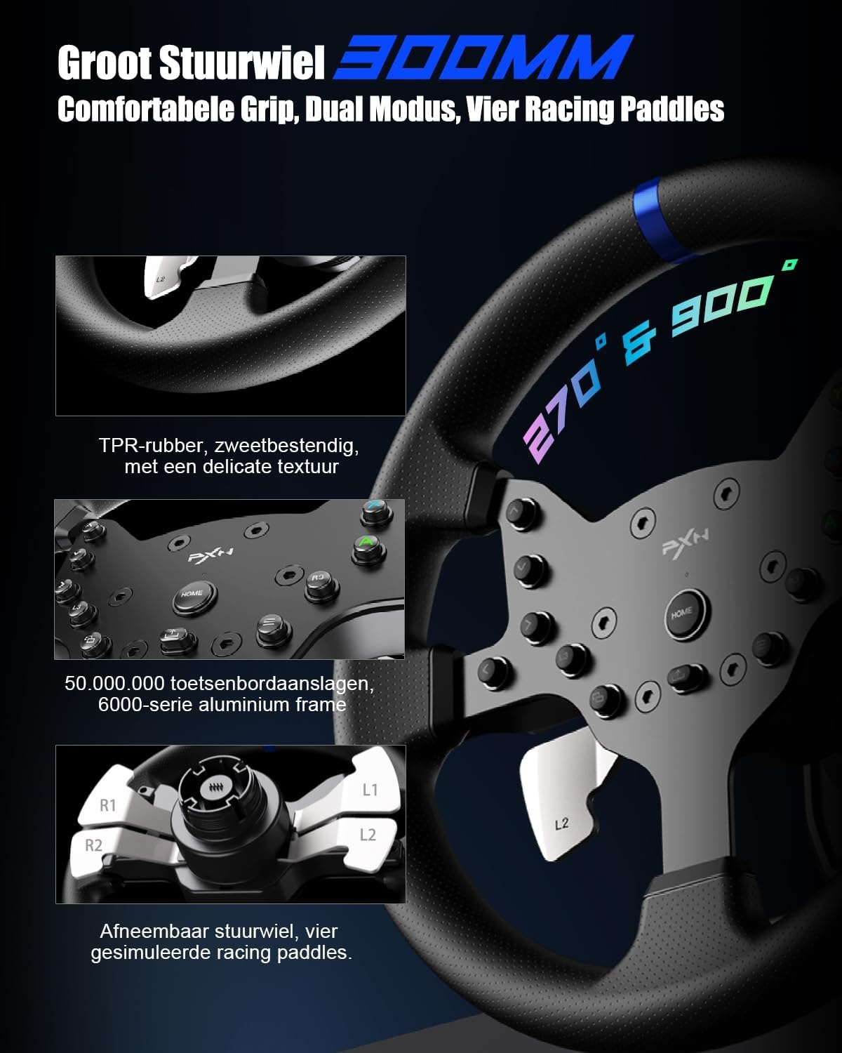 PXN V99 Gaming Stuur, Driving Force Feedback Stuurwiel met Pedalen en Shifter - 3,2NM, 270°&900°, 300MM, 4 Peddle Shifters, Tools APP - Racesturen, Stuurwiel voor PC, Xbox en PS4