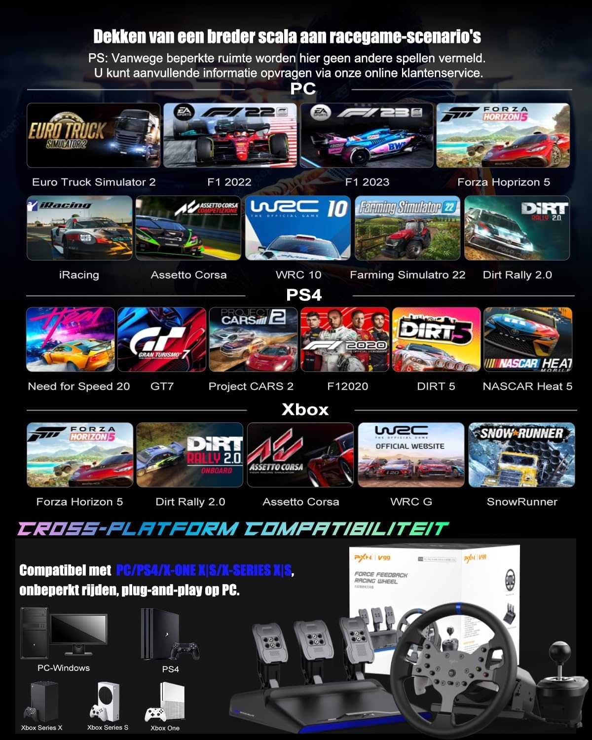 PXN V99 Gaming Stuur, Driving Force Feedback Stuurwiel met Pedalen en Shifter - 3,2NM, 270°&900°, 300MM, 4 Peddle Shifters, Tools APP - Racesturen, Stuurwiel voor PC, Xbox en PS4