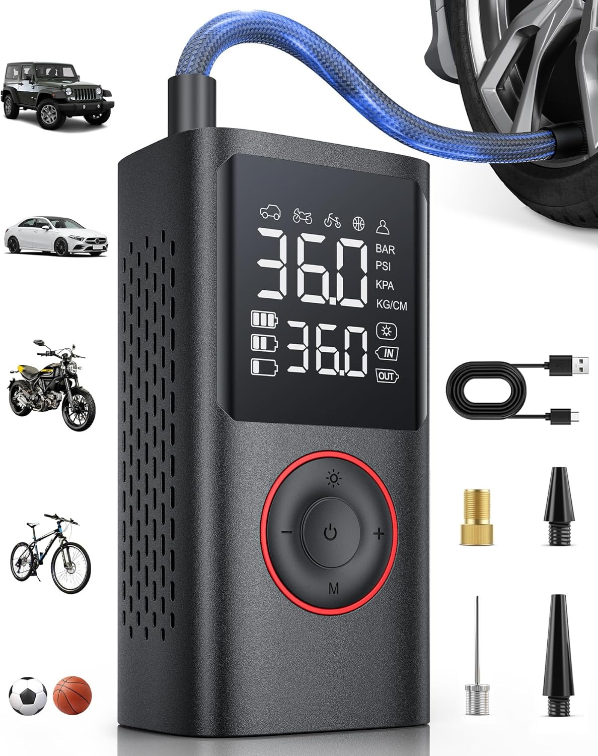 Powools Draadloze autobandenpomp – draagbare luchtcompressor 150 psi met automatische uitschakeling en ledlicht, elektrische fietspomp voor auto, motorfiets, fiets, bal, 8,90 x 4,75 x 13,79 cm