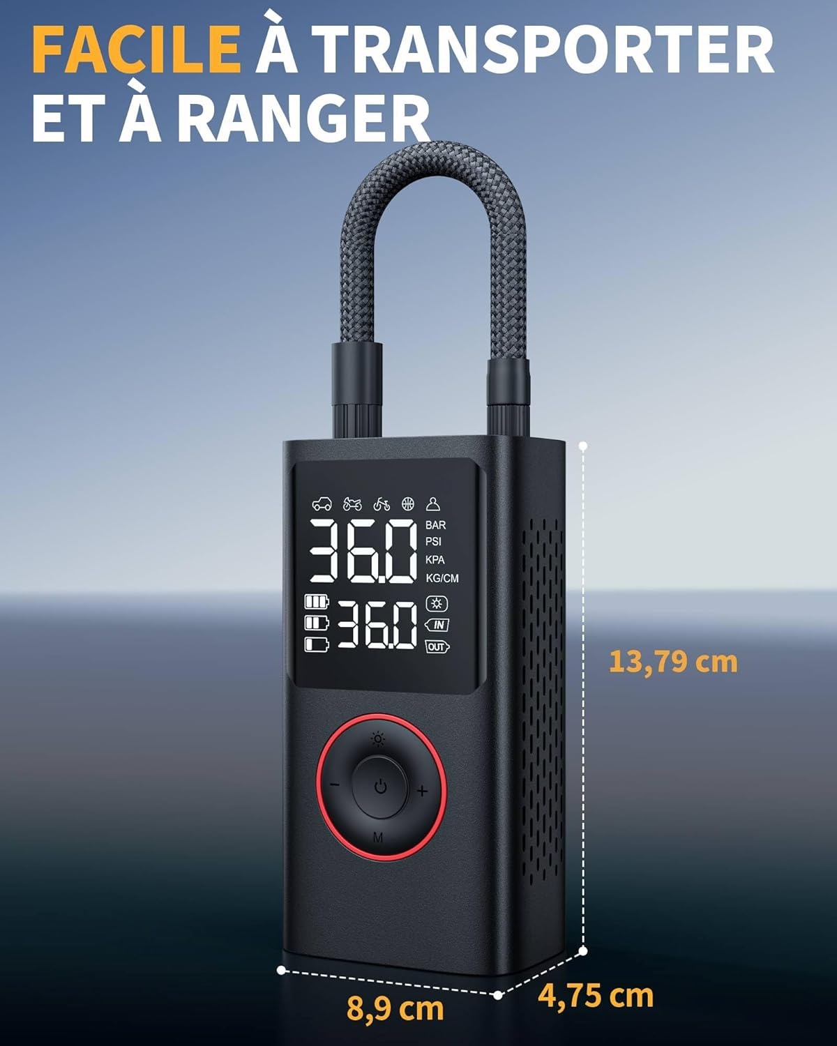 Powools Draadloze autobandenpomp – draagbare luchtcompressor 150 psi met automatische uitschakeling en ledlicht, elektrische fietspomp voor auto, motorfiets, fiets, bal, 8,90 x 4,75 x 13,79 cm
