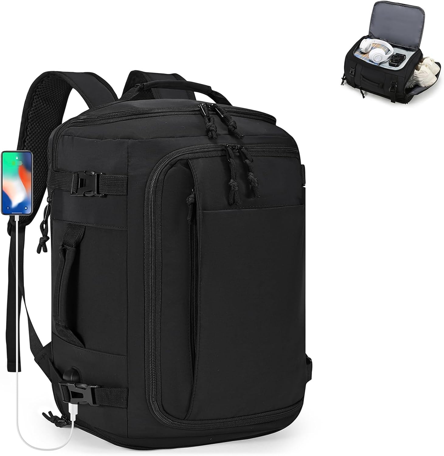 SPAHER Uitbreidbare Reistas Rugzak Handbagage 40x30x15/20cm Zwart met USB en Schoenenvak