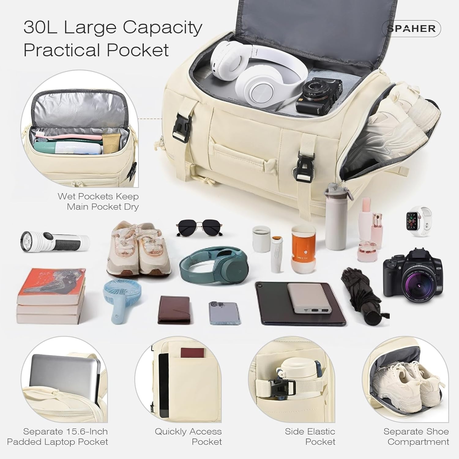 SPAHER Uitbreidbare Reistas Rugzak Handbagage 40x30x15/20cm Zwart met USB en Schoenenvak