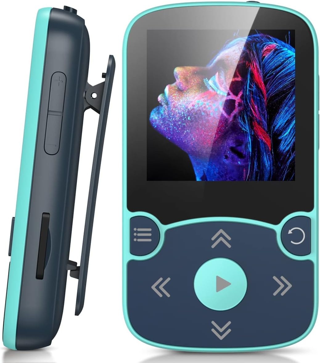 AGPTEK 64GB MP3 Bluetooth 5.3 met Clip, HiFi Draagbare Sport MP3-Speler, Muziekspeler met Volumeknop, FM-Radio/Stappenteller/Stemrecorder, Uitbreidbaar tot 192 GB - Blauw