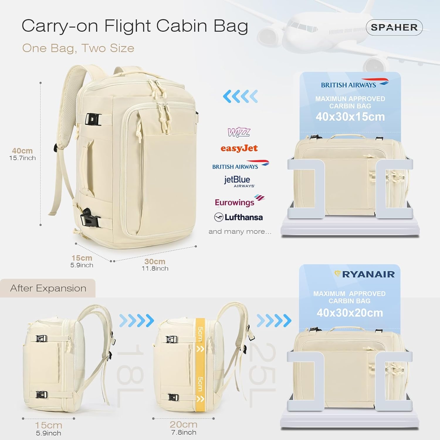 SPAHER Uitbreidbare Reistas Rugzak Handbagage 40x30x15/20cm Zwart met USB en Schoenenvak