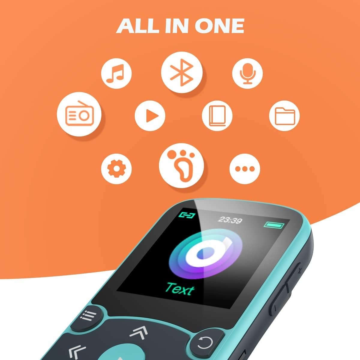 AGPTEK 64GB MP3 Bluetooth 5.3 met Clip, HiFi Draagbare Sport MP3-Speler, Muziekspeler met Volumeknop, FM-Radio/Stappenteller/Stemrecorder, Uitbreidbaar tot 192 GB - Blauw