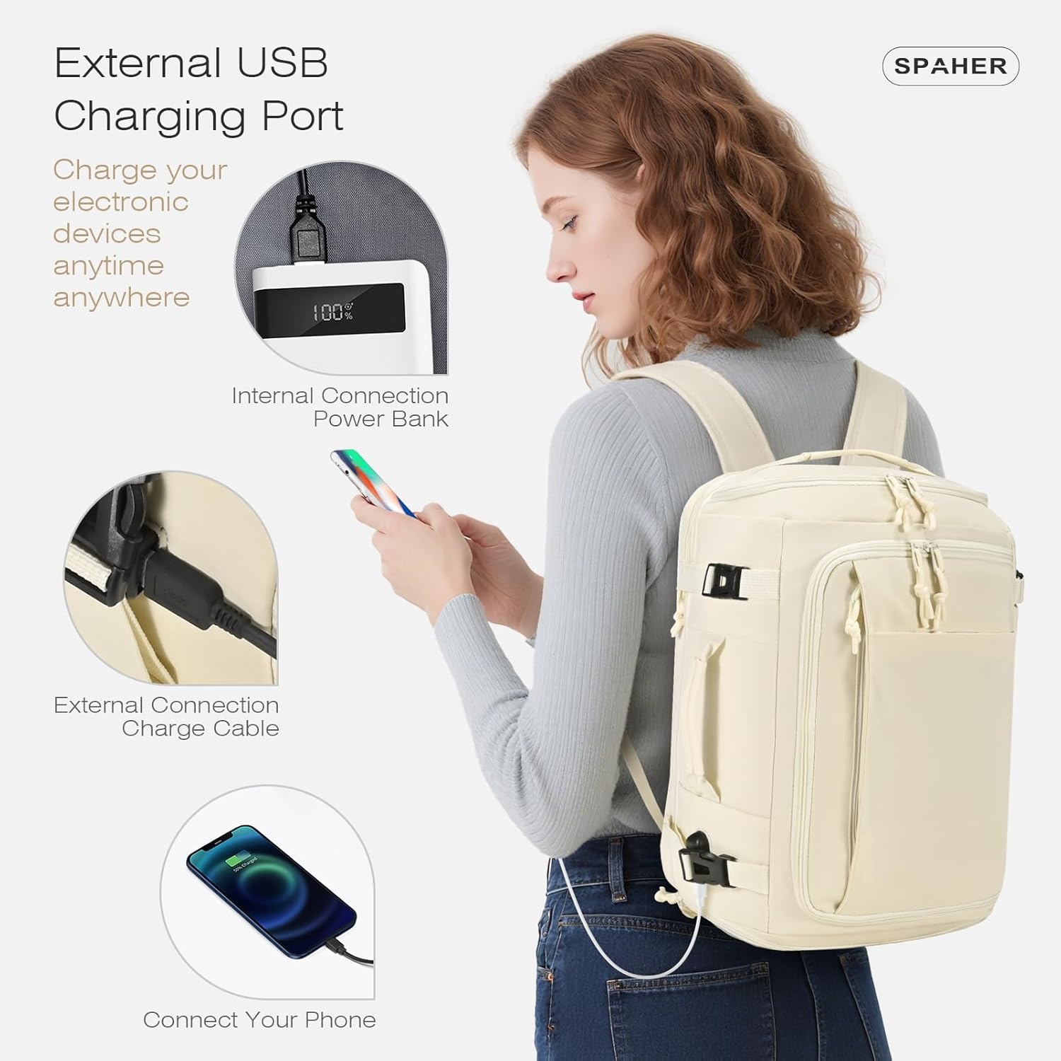 SPAHER Uitbreidbare Reistas Rugzak Handbagage 40x30x15/20cm Zwart met USB en Schoenenvak