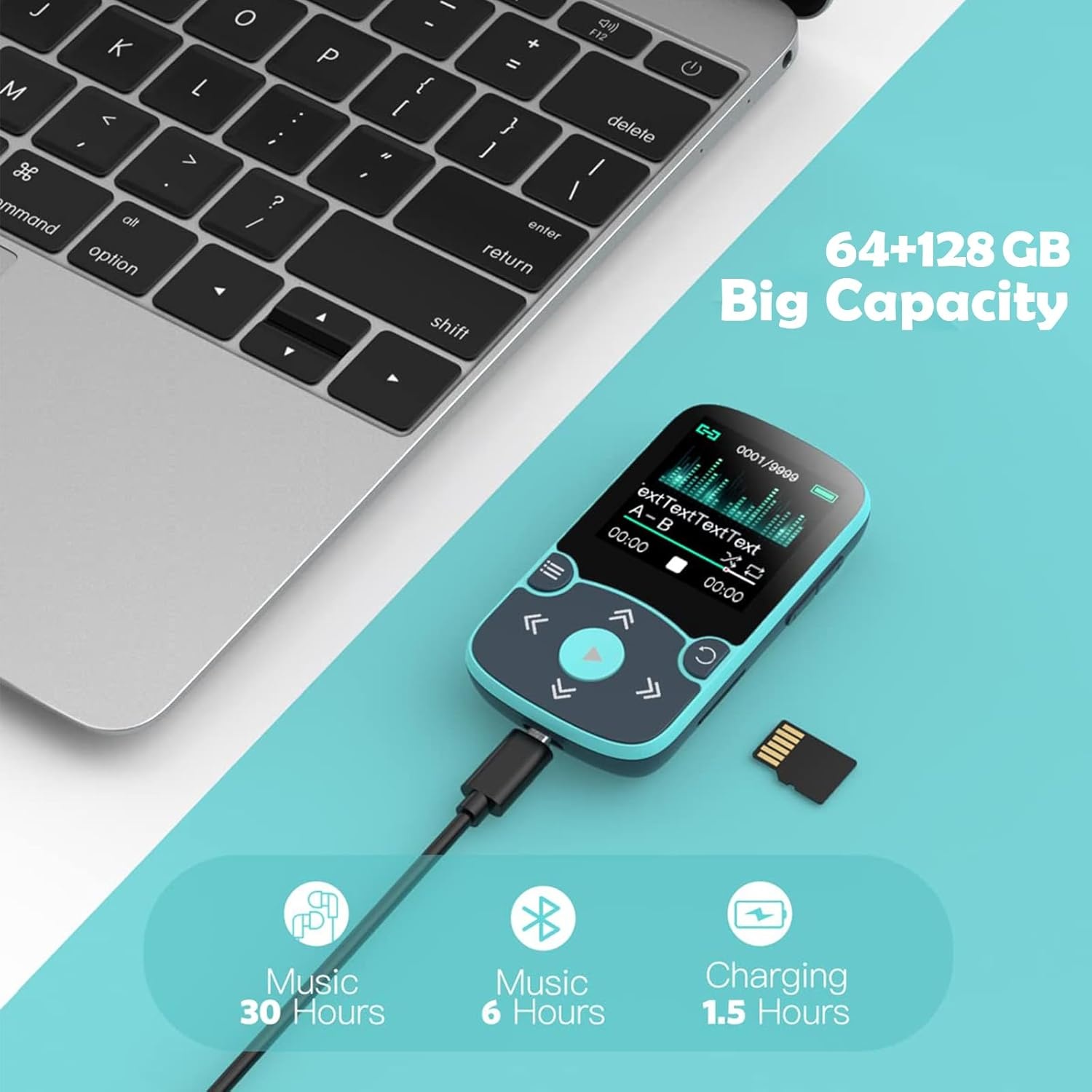 AGPTEK 64GB MP3 Bluetooth 5.3 met Clip, HiFi Draagbare Sport MP3-Speler, Muziekspeler met Volumeknop, FM-Radio/Stappenteller/Stemrecorder, Uitbreidbaar tot 192 GB - Blauw
