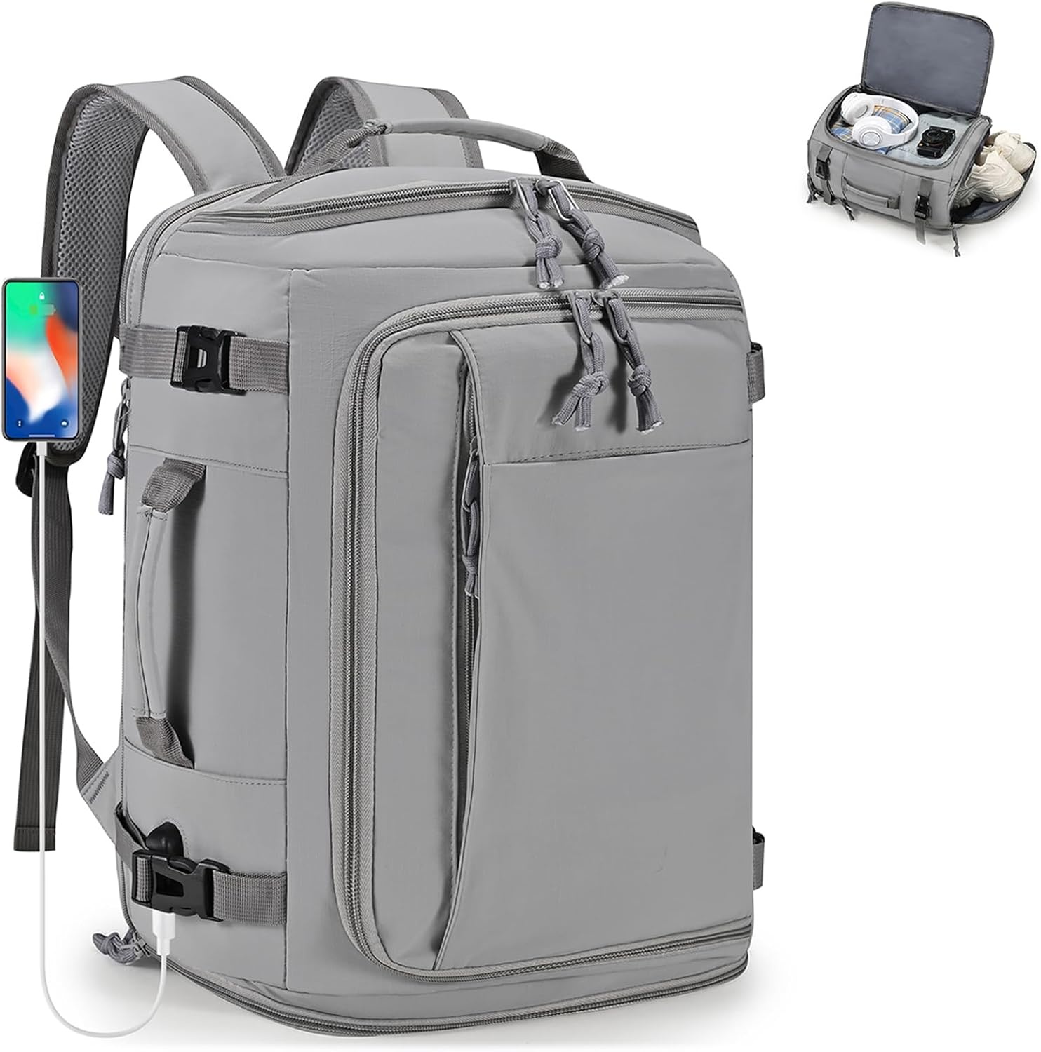 SPAHER Uitbreidbare Reistas Rugzak Handbagage 40x30x15/20cm Zwart met USB en Schoenenvak
