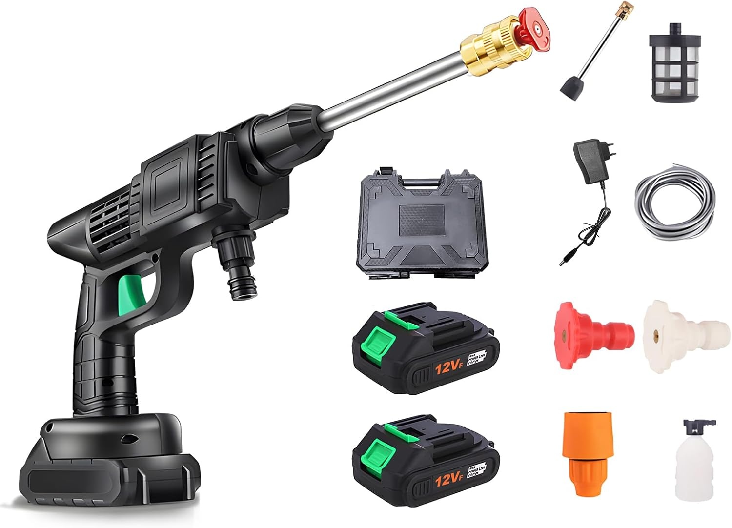 Max.35 Bar Hogedrukreiniger met 2 oplaadbare accu's, 2-in-1 mondstuk en 5 m slang, draagbare draadloze hogedrukreiniger voor auto's, hekken, terras, tuin, gazon