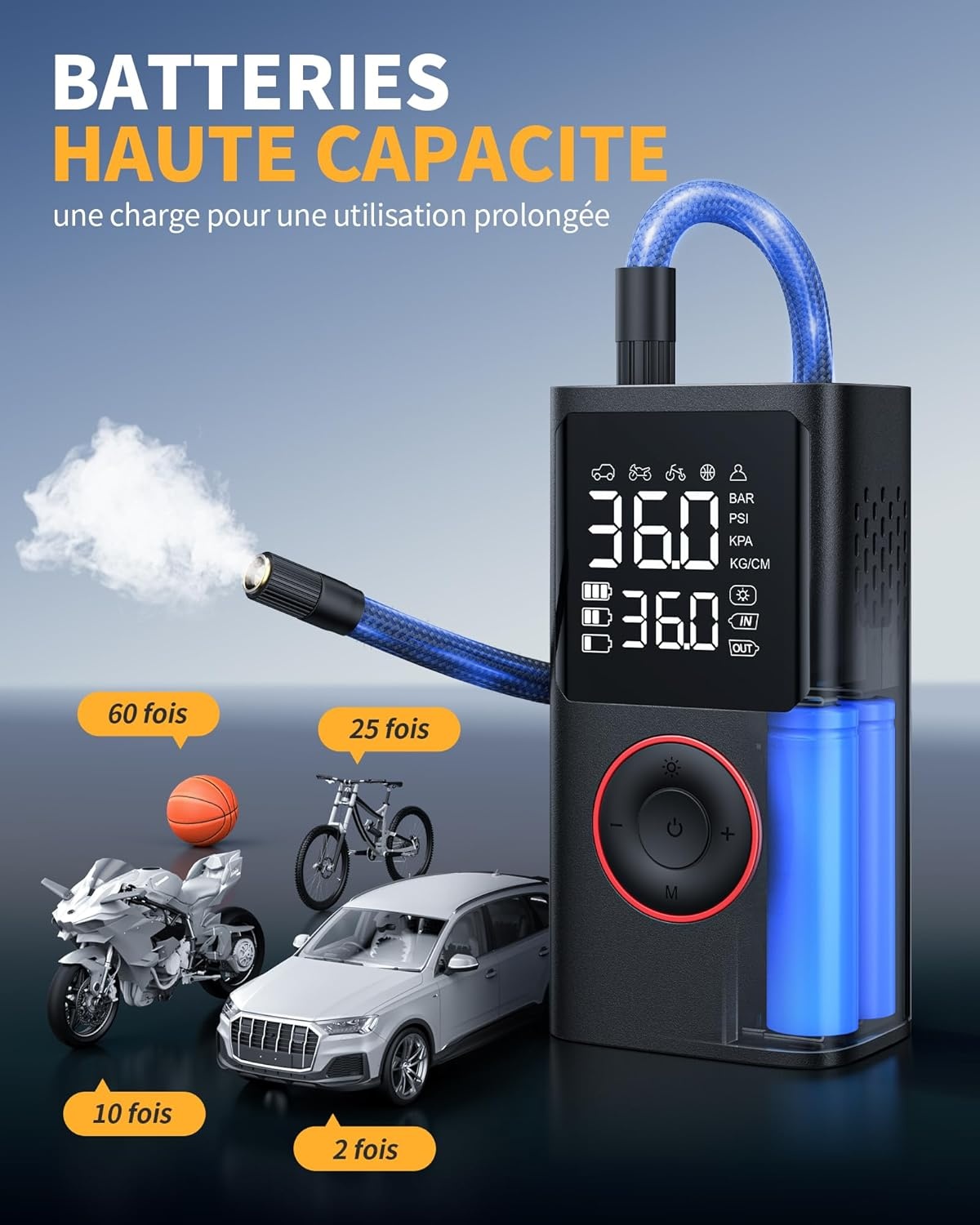 Powools Draadloze autobandenpomp – draagbare luchtcompressor 150 psi met automatische uitschakeling en ledlicht, elektrische fietspomp voor auto, motorfiets, fiets, bal, 8,90 x 4,75 x 13,79 cm