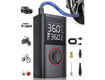 Powools Draadloze autobandenpomp – draagbare luchtcompressor 150 psi met automatische uitschakeling en ledlicht, elektrische fietspomp voor auto, motorfiets, fiets, bal, 8,90 x 4,75 x 13,79 cm