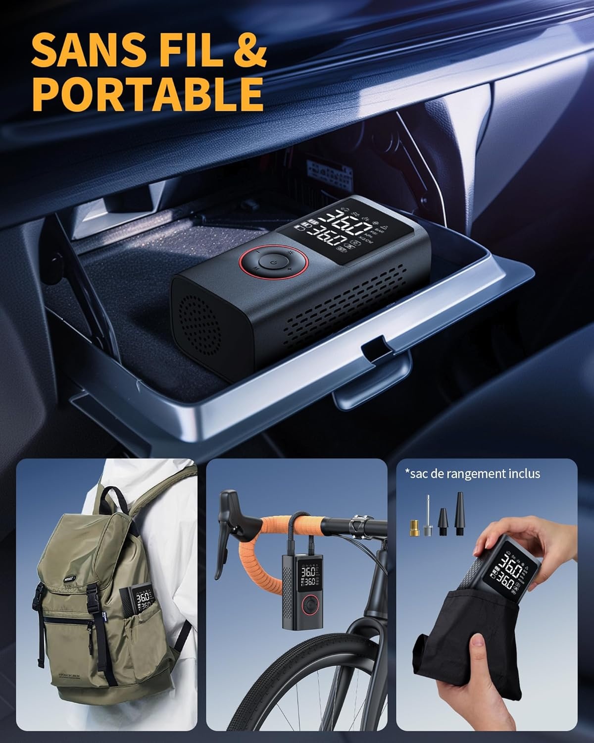 Powools Draadloze autobandenpomp – draagbare luchtcompressor 150 psi met automatische uitschakeling en ledlicht, elektrische fietspomp voor auto, motorfiets, fiets, bal, 8,90 x 4,75 x 13,79 cm