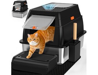 Kattenbak van Roestvrij Staal Met Deksel, Kattenbox Groot XL,Stainless Steel Cat Litter Box, Gesloten Kattentoilet Met Hoge Rand, Twee Ingangen, Schepje+Matje+Opstapje- 60x 40x39,5cm (Zwart)